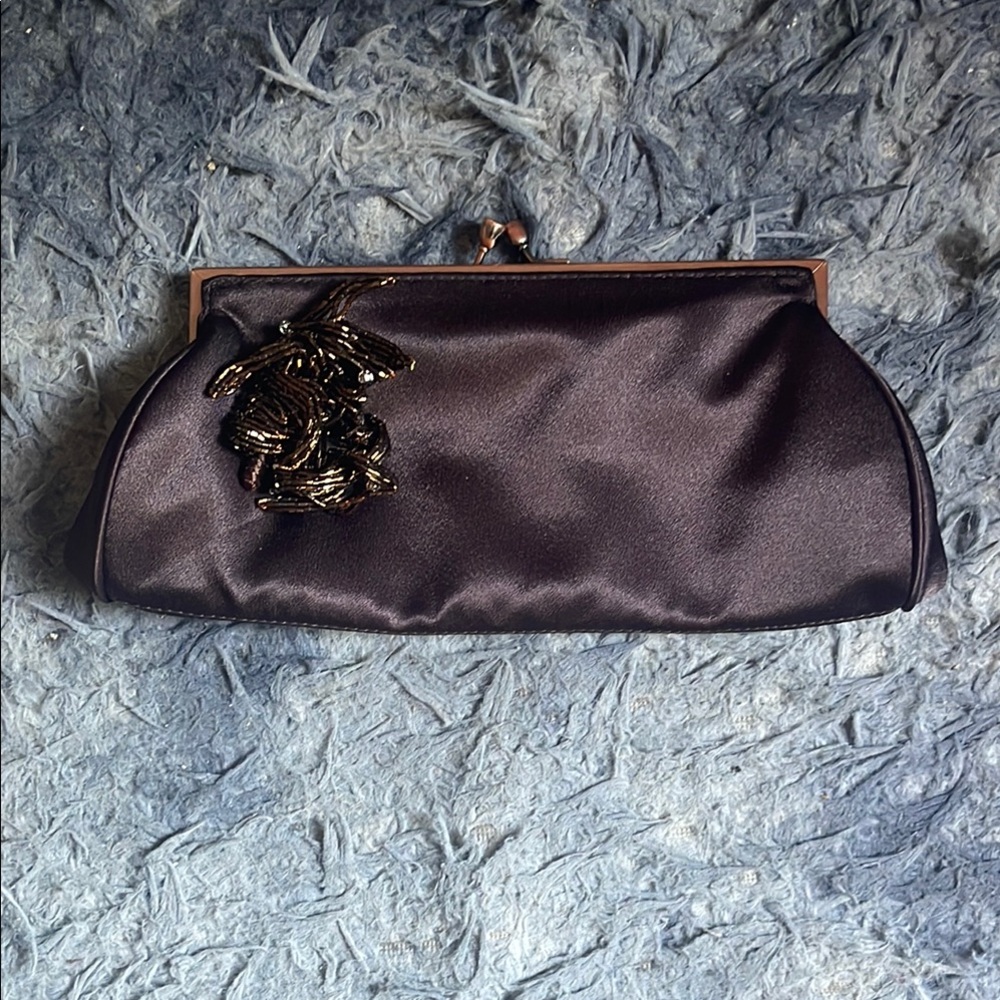 Elegant Brown Satin Clutch with Brass Accent